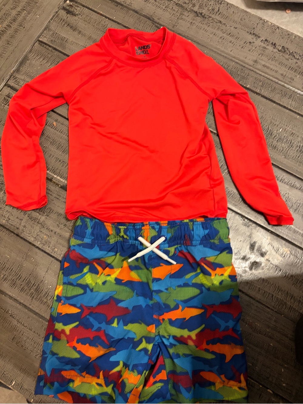 Lands' End Bright Red Long-Sleeve Rash Guard with Multicolor Shark Swim Trunks